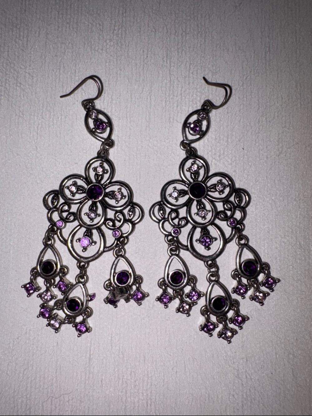Silver-Tone Purple Crystal Chandelier Earrings - Unbranded